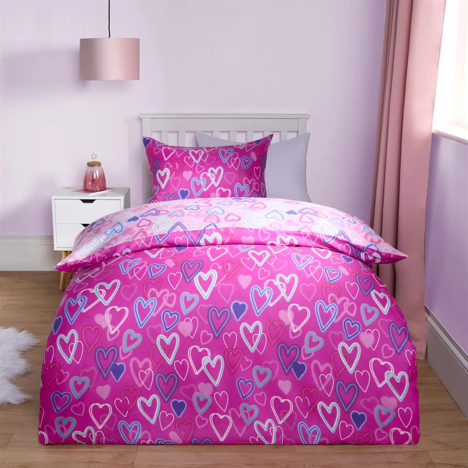 OHS Neon Heart Duvet Cover Bedding Set Reversible with Pillowcase Kids Single Double