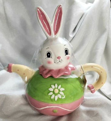 Johanna Parker Magenta Carnival Cottage Easter Teapot NWT Rabbit Bunny - Image 1 of 4