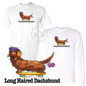 Dachshund Long Haired Fun Dog Breed Cartoon Short / Long Sleeve White T Shirt  - Picture 1 of 3