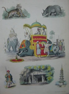 Gravure Inde Indiens Elephant Rhinoceros Tigre Tour de Porcelaine de Nankin Chin - Foto 1 di 1