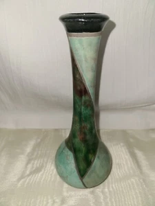 signed 6" raku bud vase signed. Geometric design in turquoise green and copper - Picture 1 of 9
