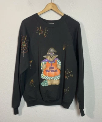 Homemade Crafted Halloween Crewneck Sweatshirt Black Large Puffy Paint Treat - Image 1 of 4