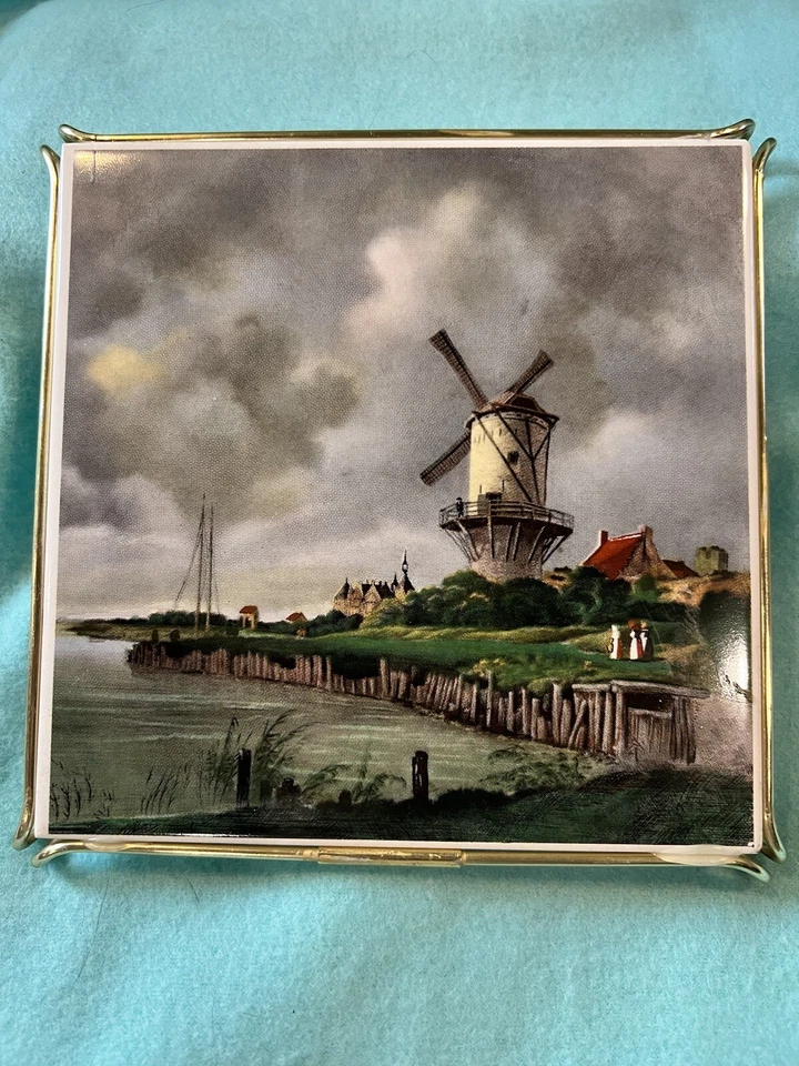 Ветряная мельница береговая линия 17 века 6 x 6 дюймов декоративная плитка/металлическая накидка ручной росписи - Изображение 1 из 4