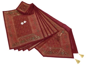 13 Stck. Weinrot Tischläufer Esszimmer Dekor Banarasi Seide Brokat Paisley Indisch Tuch - Bild 1 von 6