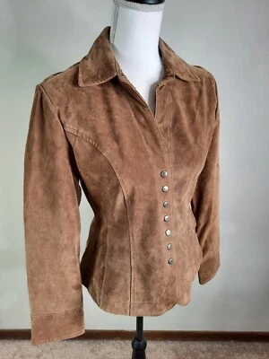 Chaqueta de cuero de gamuza marrón vintage Y2K pequeña frontal a presión nueva con etiquetas Foto 1 de 4