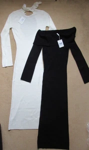 2 hübsche aufwendige lange Strickkleider, schwarz U-Boot Ausschnitt, creme rückenfrei, S, neu mit Etikett - Bild 1 von 16