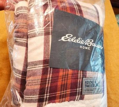 New Eddie Bauer Home 50" x 60" Plaid Throw Blanket, Burgundy, Orange & White - Image 1 of 4