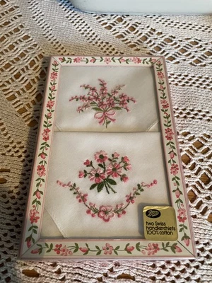 Two Vintage Embroidered Handkerchiefs From Switzerland Original Gift Box pretty - Image 1 of 4