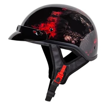  Шлем Cruiser Scooter Motorcycle Half Face Графика США, DOT Средний Красный Череп - Изображение 1 из 4