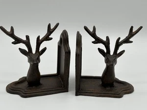 Set Of 2 Cast Iron Brass Deer Head Bookends Vintage Lodge - Picture 1 of 13