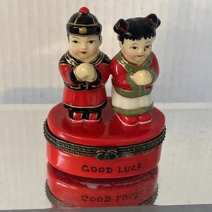 Vtg Chinese Jintong And Yunu (Golden Boy And Jay Girl) Lucky Trinket Box - Picture 1 of 14