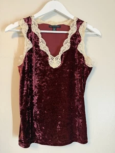 Banana Republic Crushed Velvet Lace Trim Stretch Tank Top Burgundy Cream Y2K Med - Picture 1 of 6