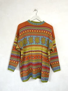 Vintage Knitted Patterned Jumper Yellow UK14-16 Floral 80s Festival Oversized - Picture 1 of 7