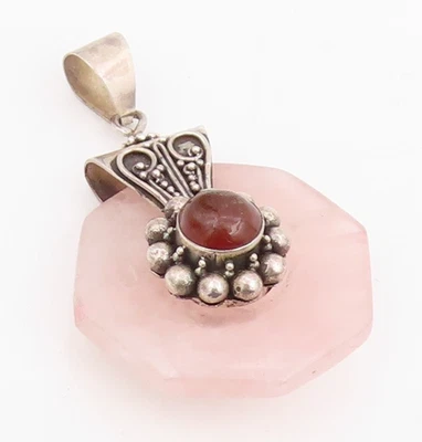 925 Sterling Silver Vintage Pendant Rose Quartz & Carnelian Floral Charm PT25241 - Image 1 of 4