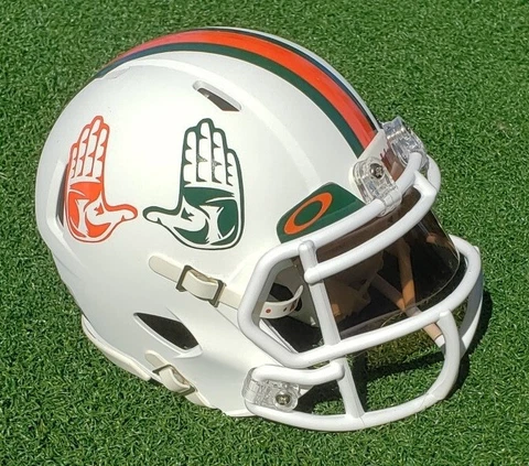 MIAMI HURRICANES "THE U HANDS"  (MATTE WHITE) FOOTBALL MINI HELMET + VISOR Cover