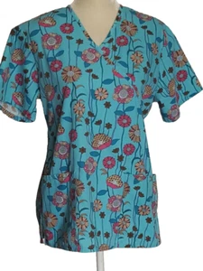 Scrub Top Womens Size S Blue Pink Floral V Neck Pockets Tie Back - Picture 1 of 8