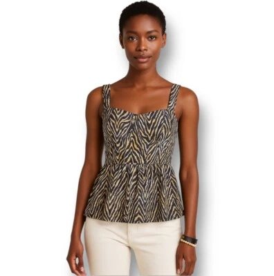 Top Anthropologie Negro Bronceado Cebra Estampado Animal Peplum Coqueta Femenina Talla L Foto 1 de 4