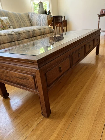 Hand  Carved Cocktail Table in Teakwood Depicting War Scene With Swords Cover