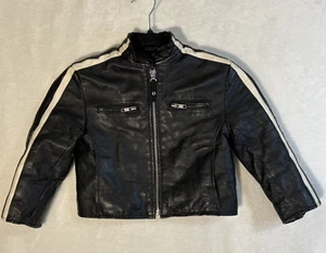 VTG Leather Jacket Kids XS Racer Motorcycle Black W/ White Strips Worn Look - Picture 1 of 7