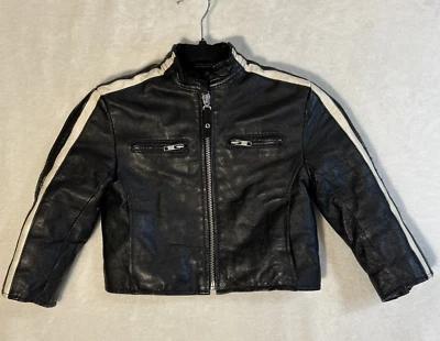 VTG Leather Jacket Kids XS Racer Motorcycle Black W/ White Strips Worn Look - Image 1 of 4