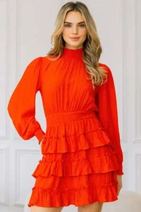 Long Sleeve Smocked Neck Tiered Ruffle Mini Dress - Picture 1 of 8