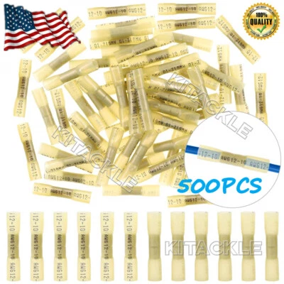 500X Waterproof 12-10 AWG Heat Shrink Butt Wire Connectors Crimp Terminal Yellow - Image 1 of 4