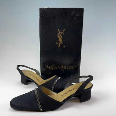 De colección Años 90 YSL Yves Saint Laurent Mujer 6.5 Tacón Grueso Negro Satinado Cordones NUEVO Foto 1 de 4