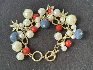 VTG. Patriotic Charms Pave Star Pearl Red Blue White Cha-Cha Gold Tone Bracelet - Picture 1 of 9
