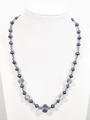 Boho Retro Purple Gray Pearl and Glass Bead Necklace Classic Vintage Style 18 in - Image 1 of 4