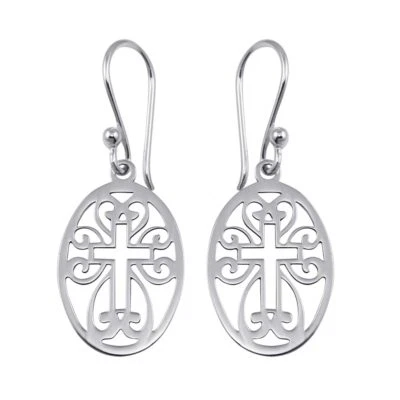 Orecchini Pendenti Ovali Con Design A Croce In Argento Sterling - Immagine 1 di 2