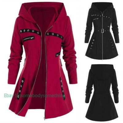 Womens Zip Punk Gothic Winter Jumper Jacket Coat Cardigan Hooded Long Outerwear - Image 1 of 4