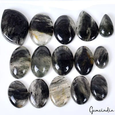 430 Cts/15 Pcs Natural Untreated Black Strong Rutilated Quartz Mix Cab Gems Lot - Image 1 of 4