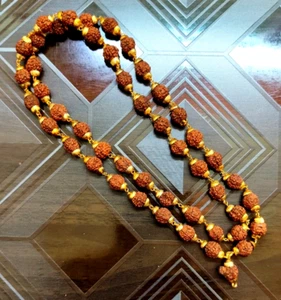 5 Mukhi Rudraksha Mala 54 + 1 Perline, Perline con Cappuccio Placcato Oro per Uomo e Donna - Foto 1 di 2