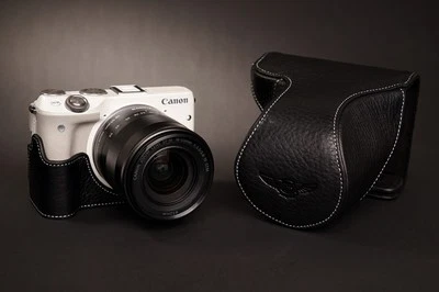 Genuine real Leather Full Camera Case bag for CANON EOS-M3 ZOOM Lens Black color - Image 1 of 4