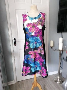 JOSEPH RIBKOFF LADIES SZ16 BLACK/PINK/BLUE RETRO BOLD FLORAL FIT&FLARE DRESS - Picture 1 of 11