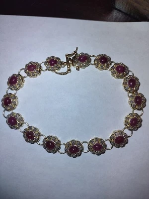 18k Gold Plated over Sterling Silver. Natural Ruby & Diamond Ladies Bracelet - Image 1 of 4