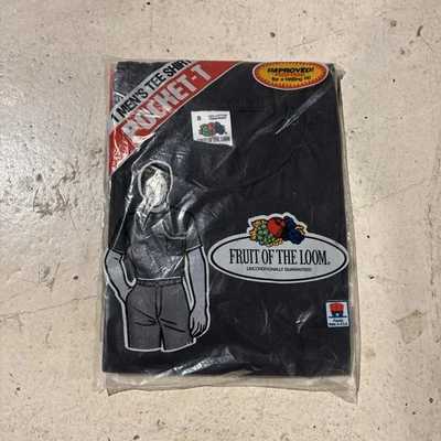 Vintage Fruit Of The Loom Pocket T Shirt Mens Small Cotton Black Deadstock - Image 1 of 4