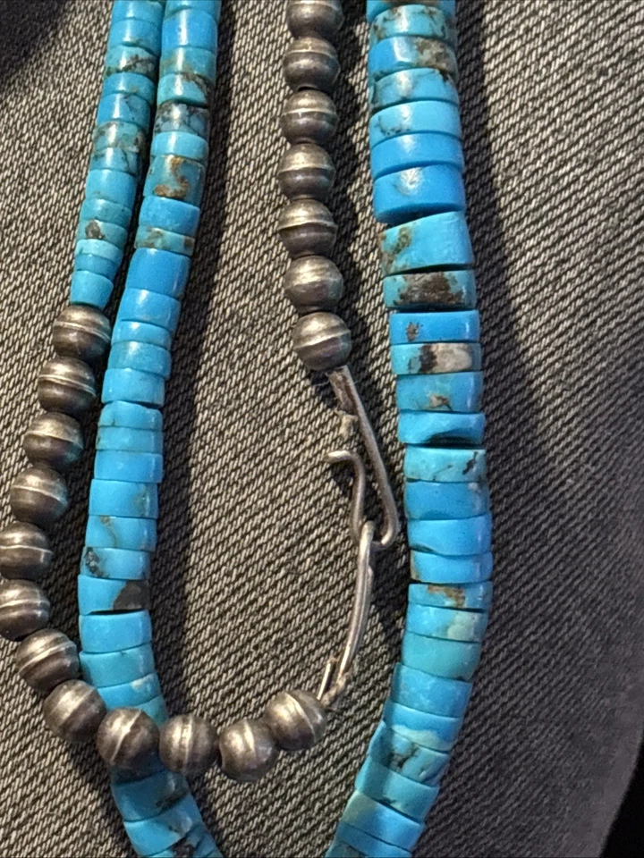 Kingman Turquoise Neclace, Hand Cut Graduated Beads Natural Untreated SS Bench B - Image 1 of 4