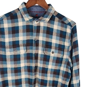 Woolrich Shirt Mens Large Blue Brown Plaid Flannel 100% Cotton Button Front - Picture 1 of 11