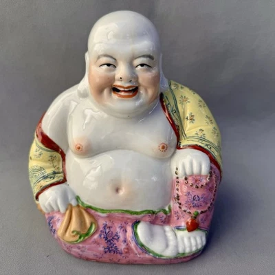 "Antigua estatua de Buda feliz de porcelana rosa familiar china marcada por Jingdezhen 10""" Foto 1 de 4