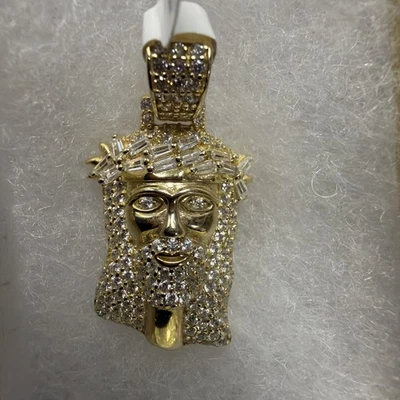 Colgante de plata de ley 925 con cara de Jesús enchapado en oro piedra baguette helada de 9,80 g Foto 1 de 4