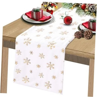 Corredores de mesa navideños de piel sintética de 72 pulgadas de largo, copos de nieve dorados de 13x72 pulgadas Foto 1 de 4