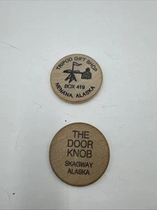 Wooden Nickel Tripod Gift Shop Nenana AK And Door Knob Skagway AK - Picture 1 of 2