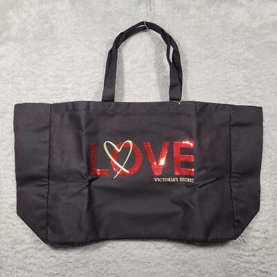 Bolso de Mano Victoria's Secret de Lona Negro Lentejuelas Grande 17 X 13 Bolso de Gimnasio Viaje Foto 1 de 4