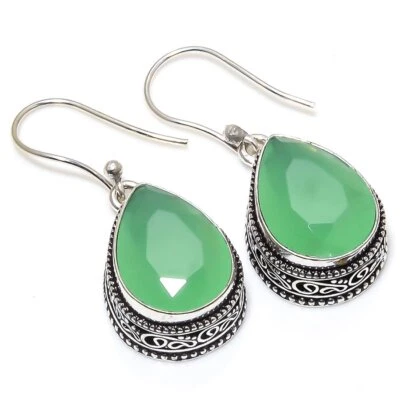 Pendiente de joyería de plata de ley 925 con piedras preciosas de calcedonia verde 1,50" n948 Foto 1 de 4