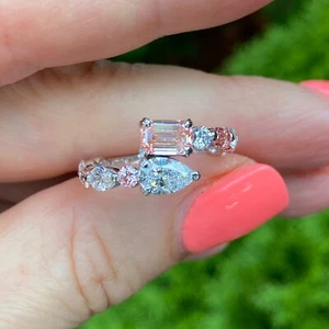 Two Stone 2.40 Ct Pink Emerald Cut & Pear Lab Grown Diamond Bypass Ring 14k Gold - Picture 1 of 10