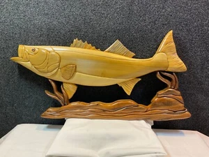 Hand crafted solid wood intarsia wall hanging featuring a bass - Picture 1 of 8