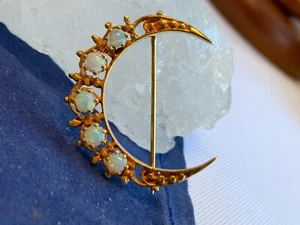 14K Yellow Gold Opal Crescent Moon Brooch 4.58g Fine Jewelry Pin *READ* - Picture 1 of 24