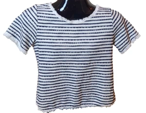 Green Envelope Women's Ivory Navy Blue Striped Short Sleeve Knit Shirt Sz M Fray - Picture 1 of 8