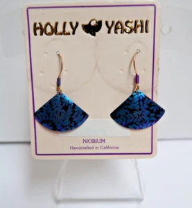 NOS Holly Yashi Signed Fan Drop Earrings Charcoal w/Magenta & Teal Ferns - Picture 1 of 7